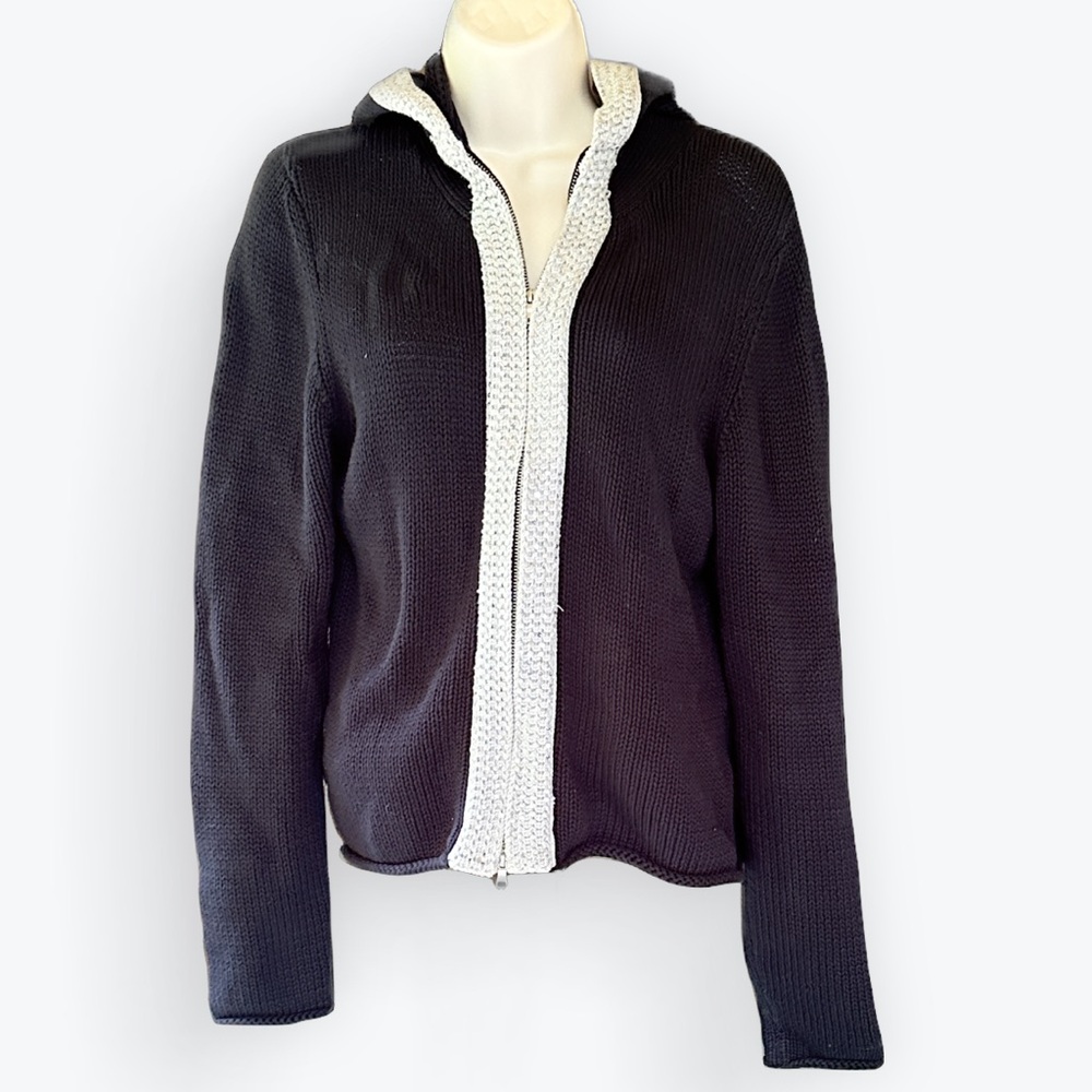 90s Preppy Boston Proper Black Cotton Silver-Sequined Zip-Up Hooded Sweater ~ M